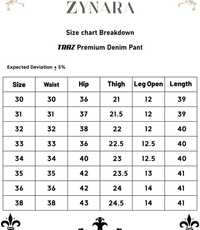 traz size chart