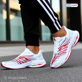 Men’s Performance Running Sneakers – White with Red Graphic, Breathable Mesh & Cushioned Sole |CODE - ZCSN008
