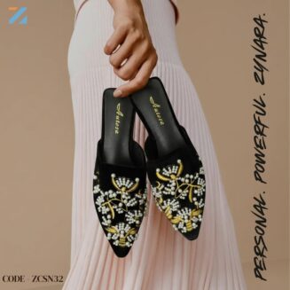 Luxury Pearl Embroidered Pointed Mule Flats – Elegant Women Slip-On Shoes । Code - ZCSN32