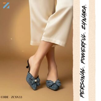 Zynara Crystal Bow Embellished Mule Heels in Midnight Blue – Code ZCSN33
