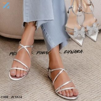 Zynara Crystal Butterfly Pointed Heel Sandals in Silver – Code ZCSN34