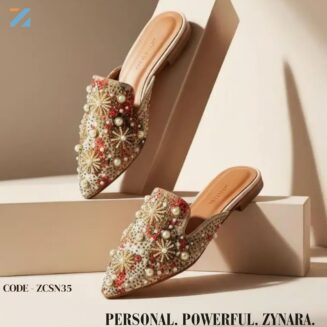 Zynara Pearl Embellished Printed Mule Loafers in Ivory Multi – Code ZCSN35