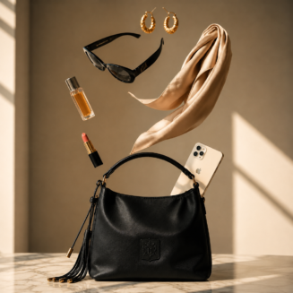 Zynara Fashion luxury black handbag with quilted design, tassel detail, and shoulder strap on marble surface with accessories