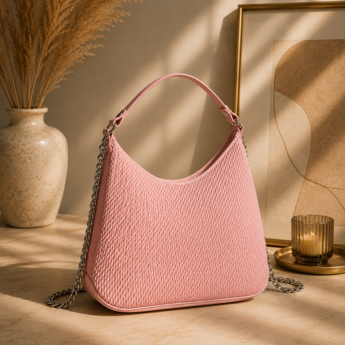 Zynara Fashion women’s pink luxury handbag with chain shoulder strap and woven texture