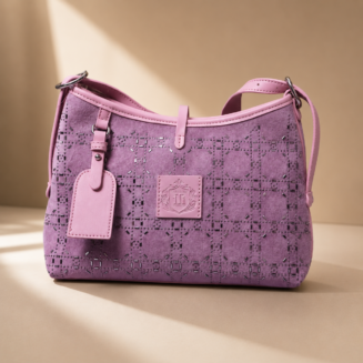 Zynara Fashion women’s designer shoulder bag in lavender with quilted pattern, metallic chain strap, and embossed logo, styled with cosmetics and sunglasses for everyday luxury look