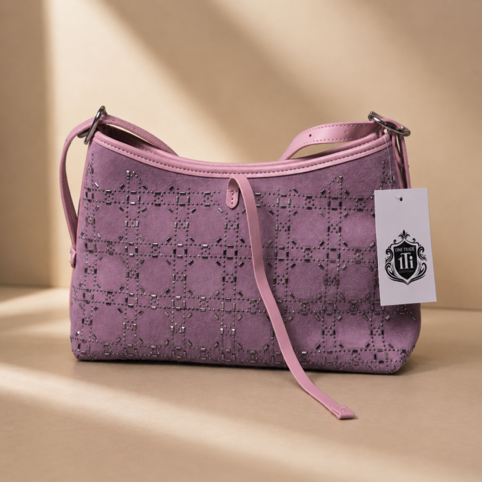 Zynara Fashion women’s designer shoulder bag in lavender with quilted pattern, metallic chain strap, and embossed logo, styled with cosmetics and sunglasses for everyday luxury look