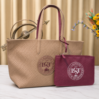 : Lacoste beige burgundy tote bag showing the beige perforated side