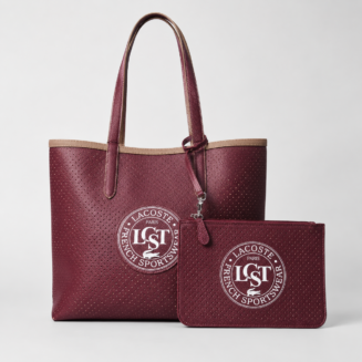 : Lacoste beige burgundy tote bag showing the beige perforated side