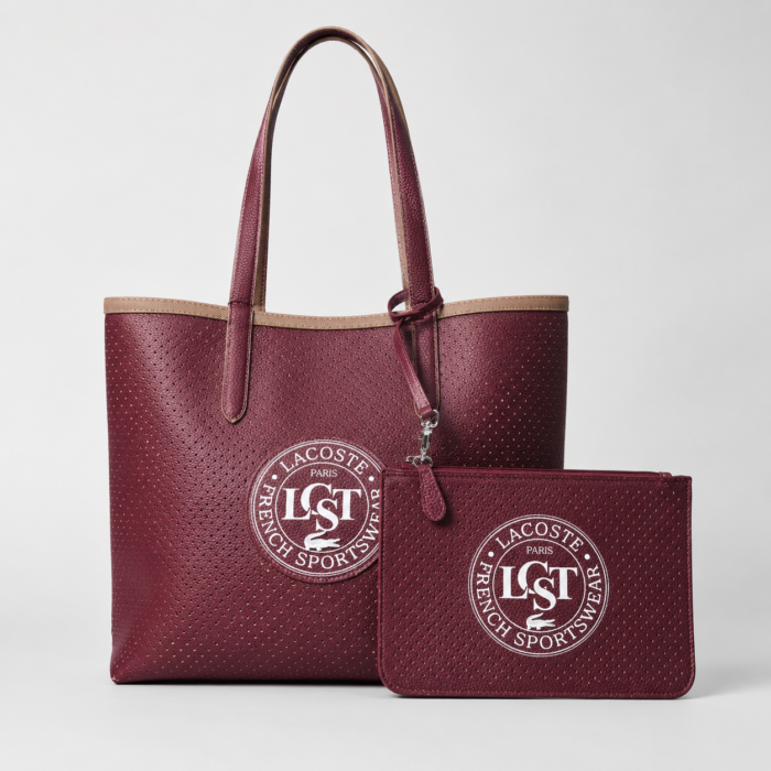 : Lacoste beige burgundy tote bag showing the beige perforated side
