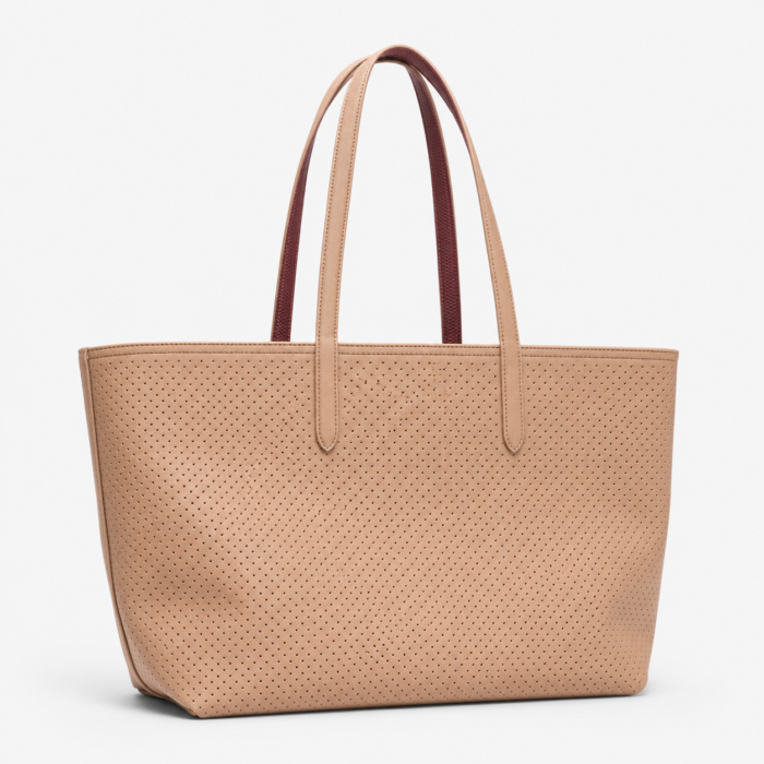 : Lacoste beige burgundy tote bag showing the beige perforated side