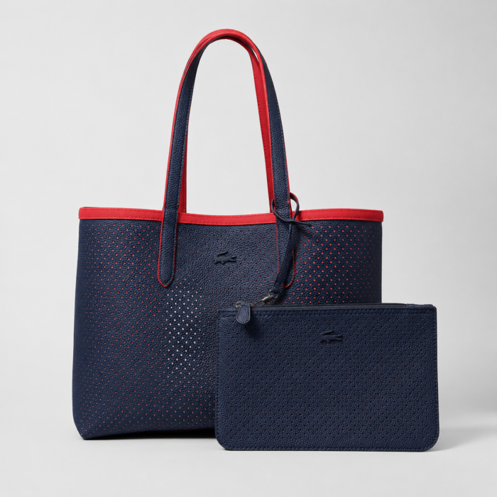 Lacoste red navy tote bag showing the red perforated side