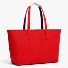 Lacoste red navy tote bag showing the red perforated side