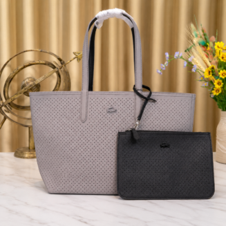 Lacoste grey black tote bag showing the black perforated side with detachable pouch