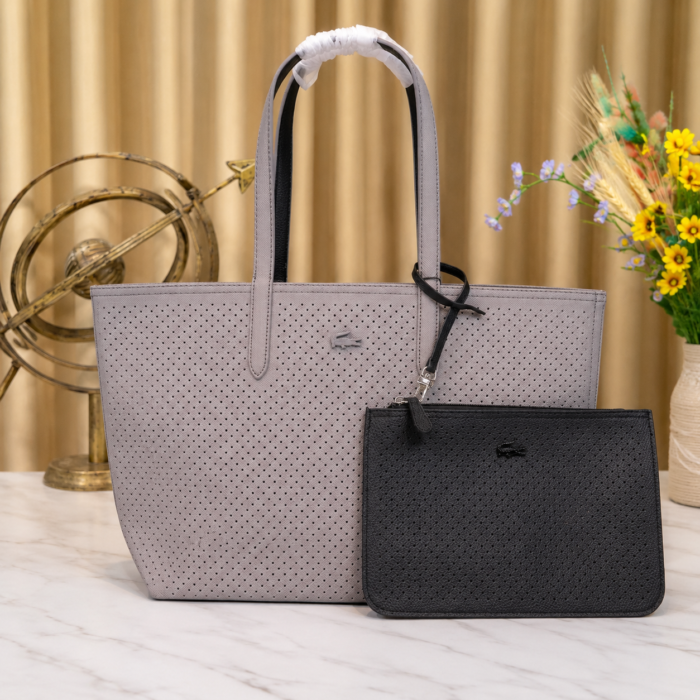Lacoste grey black tote bag showing the black perforated side with detachable pouch