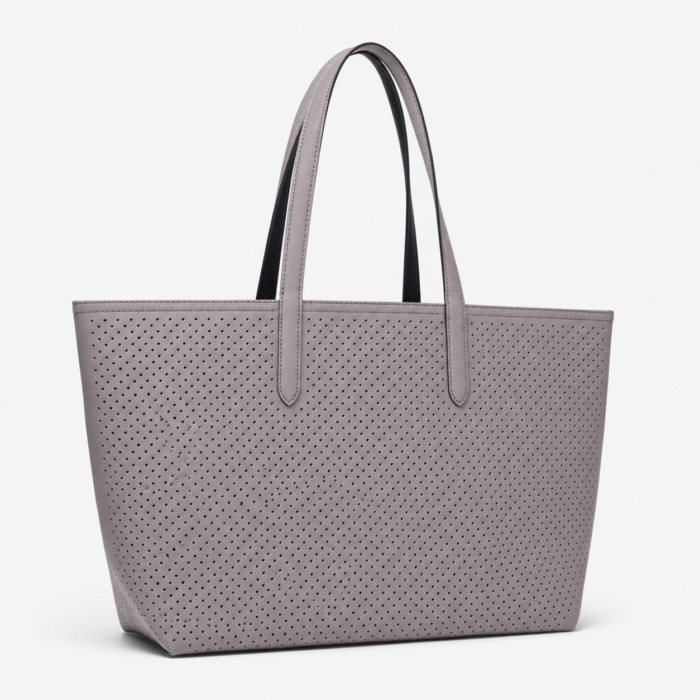 Lacoste grey black tote bag showing the black perforated side with detachable pouch