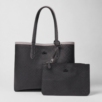 Lacoste grey black tote bag showing the black perforated side with detachable pouch